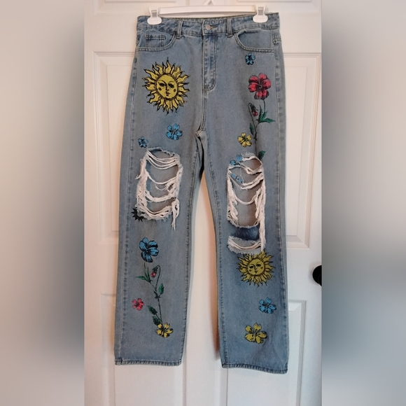 SHEIN Light Blue Jeans with Colorful Embroidery & Ripped Loose Fit - Picture 1 of 7